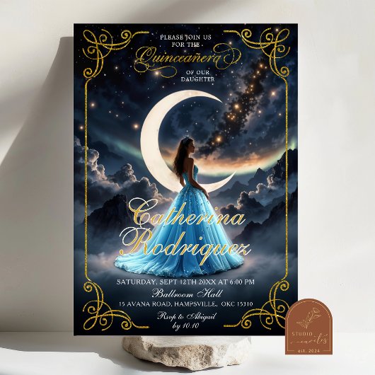 Starry Night Gold Baby Blue Quinceñera Einladung