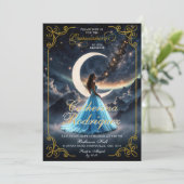 Starry Night Gold Baby Blue Quinceñera Einladung (Stehend Vorderseite)