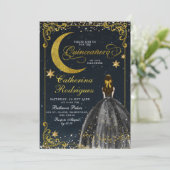 Starry Night Gold und Black Quinceanera Einladung (Stehend Vorderseite)
