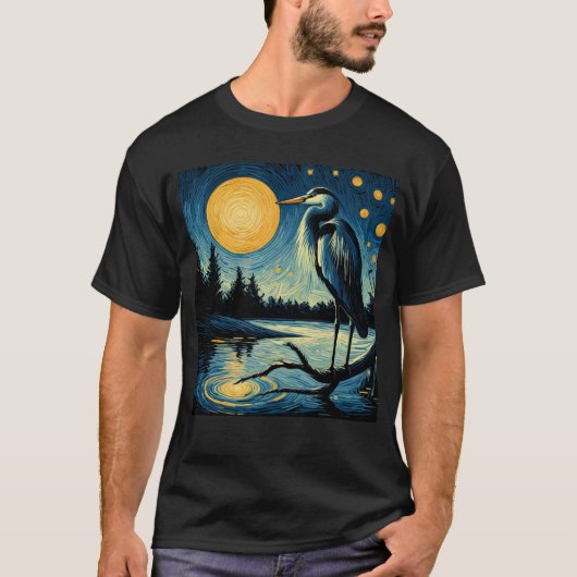 Starry Night Great Blue Heron Van Gogh Bird Lover T-Shirt (Vorderseite)