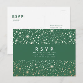 Starry Night Green and Gold Wedding RSVP Postkarte