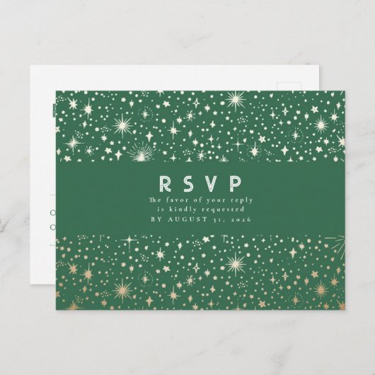 Starry Night Green and Gold Wedding RSVP Postkarte (Vorne/Hinten)