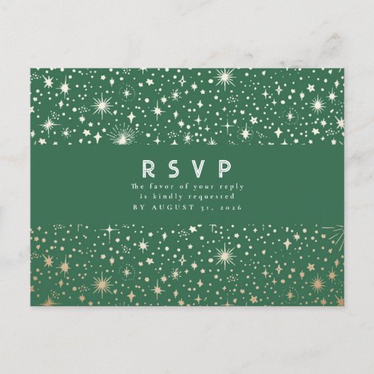 Starry Night Green and Gold Wedding RSVP Postkarte (Vorderseite)