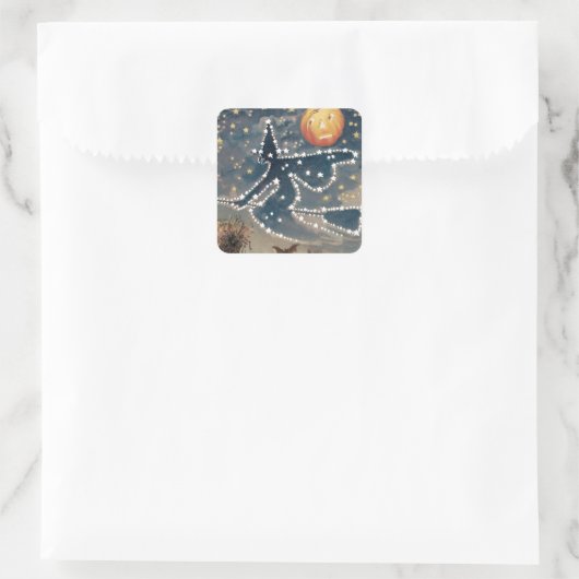 Starry Night Hexe Halloween Quadratischer Aufkleber (Tasche)
