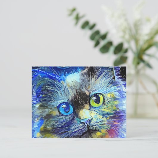 Starry Night Impressionist Tabby Cat Portrait Postkarte (Stehend Vorderseite)