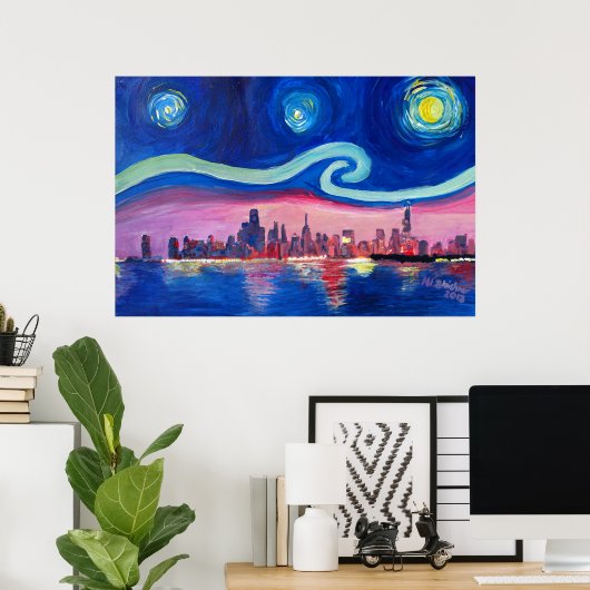 Starry Night in Chicago Illinois mit Lake Michiga Poster (Heimbüro)