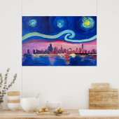 Starry Night in Chicago Illinois mit Lake Michiga Poster (Küche)