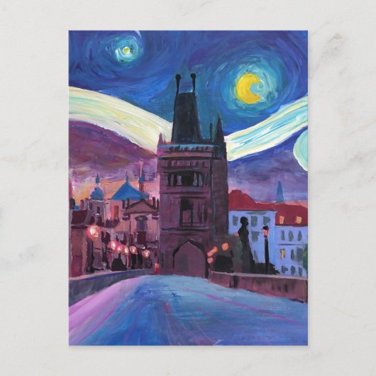 Starry Night in Prag mit Carlsbridge Postkarte (Vorderseite)