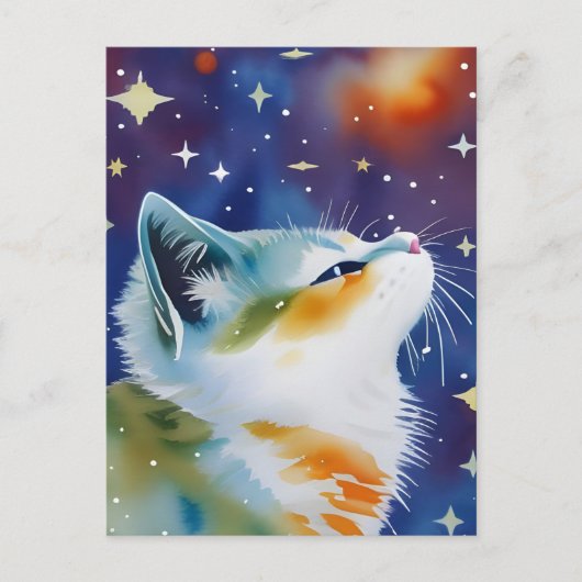 Starry Night Kitty Watercolor Postcard Postkarte (Vorderseite)