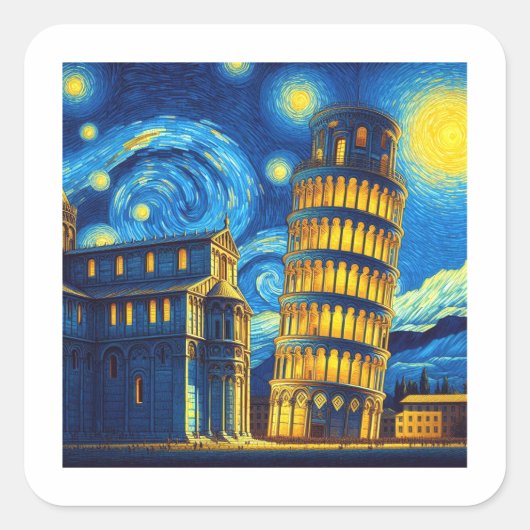 Starry Night Leaning Tower von Pisa Italien Quadratischer Aufkleber (Vorderseite)