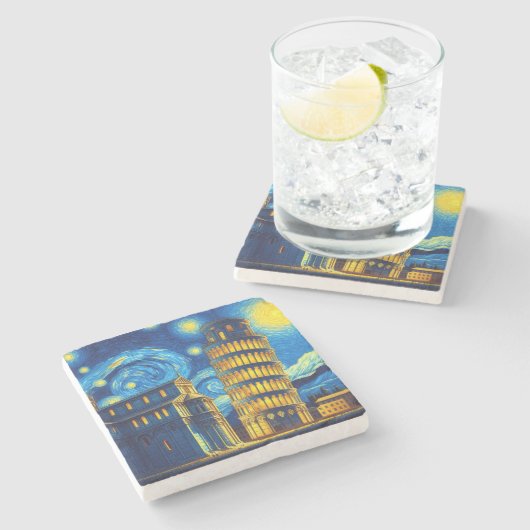 Starry Night Leaning Tower von Pisa Italien Steinuntersetzer (Seitenansicht)