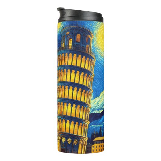 Starry Night Leaning Tower von Pisa Italien Thermosbecher (Nach rechts gedreht)