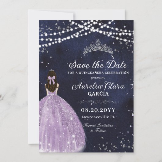 Starry Night Lila Lilac Gown Silver Quinceañera Save The Date (Vorderseite)