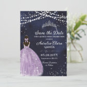 Starry Night Lila Lilac Gown Silver Quinceañera Save The Date (Stehend Vorderseite)