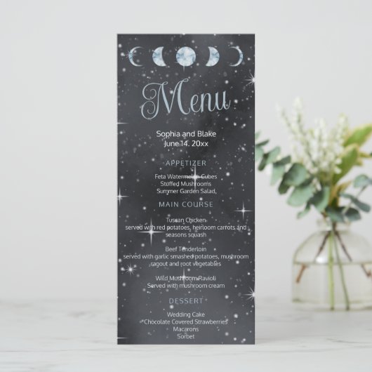 Starry Night Moon Phasen Hochzeitmenü Menükarte (Stehend Vorderseite)