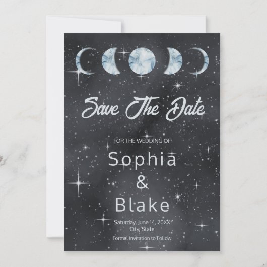 Starry Night Moon Phasen Zodiac Save the Date Einladung (Vorderseite)