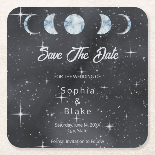 Starry Night Moon Phases Celestial Save the Date Rechteckiger Pappuntersetzer (Vorderseite)