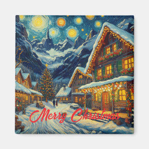Starry Night Mountain Village Weihnachten Magnet