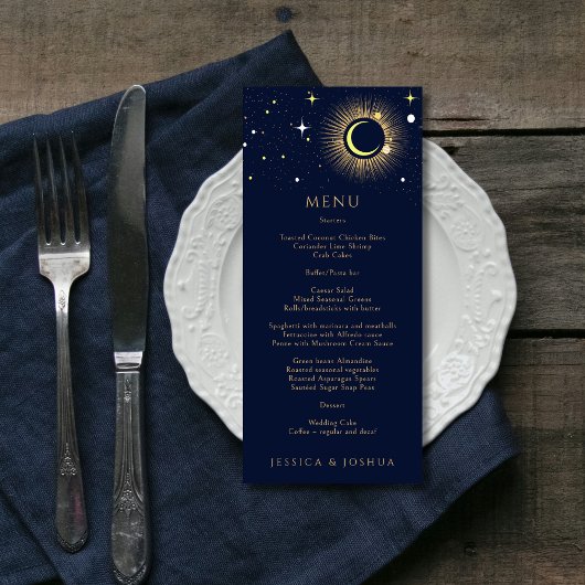 Starry Night Navy Blue Celestial Galaxy Hochzeit Menükarte