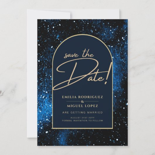 Starry Night Navy Blue Gold Wedding RETT DATE Einladung (Vorderseite)
