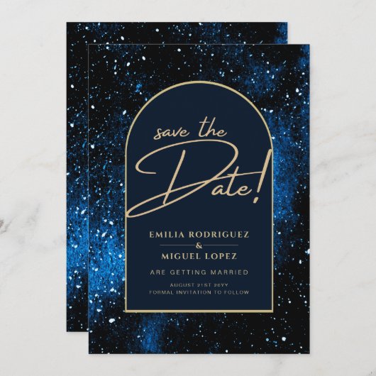 Starry Night Navy Blue Gold Wedding RETT DATE Einladung (Vorne/Hinten)