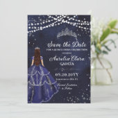 Starry Night Navy Blue Gown Silver Quinceañera Save The Date (Stehend Vorderseite)