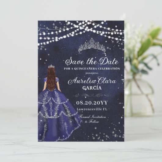 Starry Night Navy Blue Gown Silver Quinceañera Save The Date (Stehend Vorderseite)