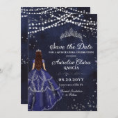 Starry Night Navy Blue Gown Silver Quinceañera Save The Date (Vorne/Hinten)