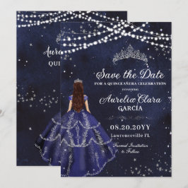 Starry Night Navy Blue Gown Silver Quinceañera Save The Date