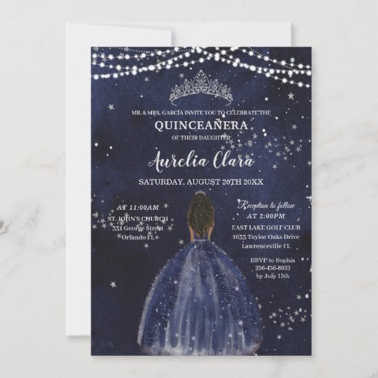 Starry Night Navy Blue Quinceañera Brown Princess Einladung (Vorderseite)