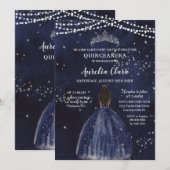 Starry Night Navy Blue Quinceañera Brown Princess Einladung (Vorne/Hinten)
