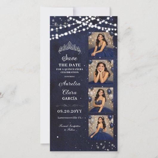 Starry Night Navy Blue Quinceañera Photo Booth Save The Date (Vorderseite)