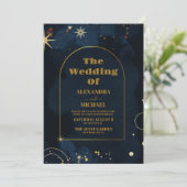 Starry Night Navy Blue Silver Glitzer Hochzeit Einladung (Stehend Vorderseite)