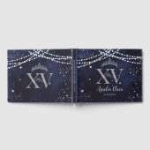 Starry Night Navy Blue Silver Quinceañera Geburtst Gästebuch (Voll)