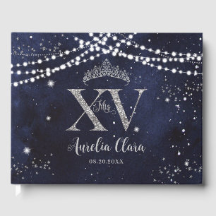 Starry Night Navy Blue Silver Quinceañera Geburtst Gästebuch