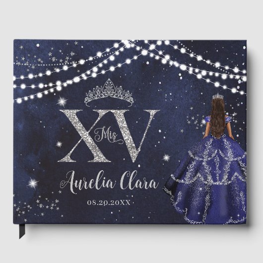 Starry Night Navy Blue Silver XV 15 Quinceanera Gästebuch (Vorderseite)