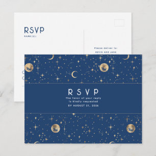 Starry Night Navy Blue und Gold Wedding RSVP Postkarte