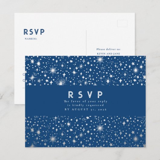 Starry Night Navy Blue Wedding RSVP Postkarte (Vorne/Hinten)
