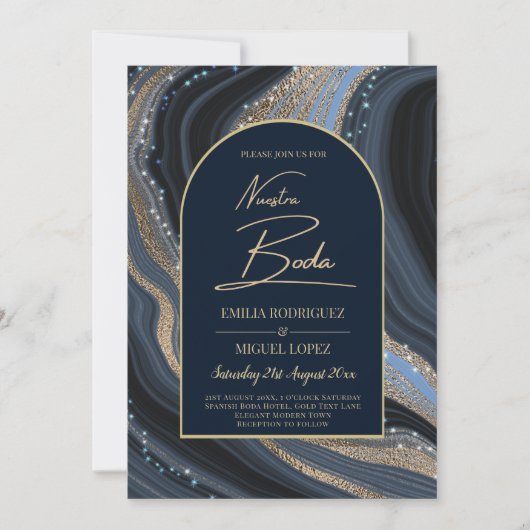Starry Night Navy Gold Agate NUESTRA BODA Einladun Einladung (Vorderseite)