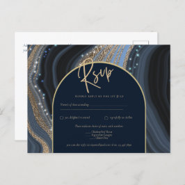 Starry Night Navy Gold Agate Wedding RSVP Postkarte