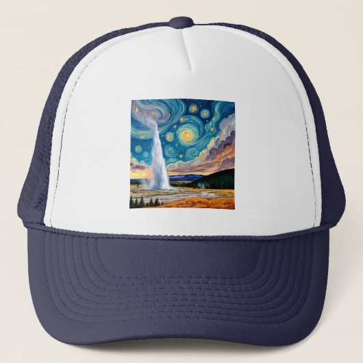 Starry Night Old Faithful Yellowstone Park Truckerkappe (Vorderseite)