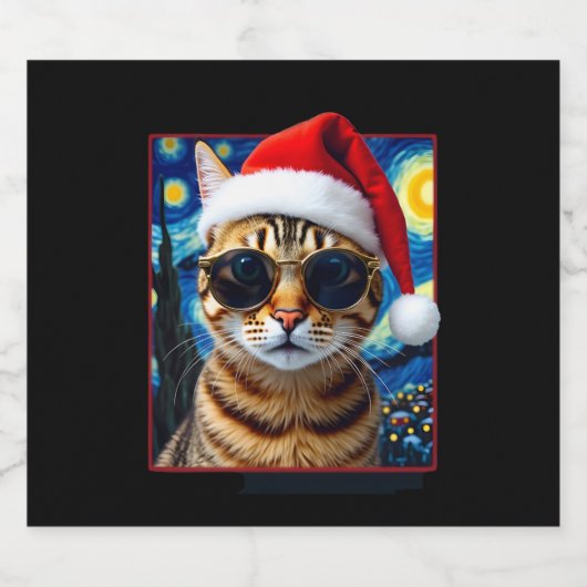Starry Night Orange Tabby Cat Christmas Schaumweinetikett (Einzelnes Label)