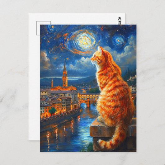 Starry Night Over Florence | Ginger Cat Art Postkarte (Vorne/Hinten)