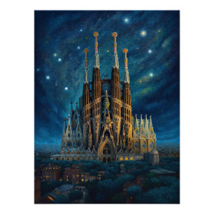 Starry Night Over Sagrada Familia Barcelona Poster