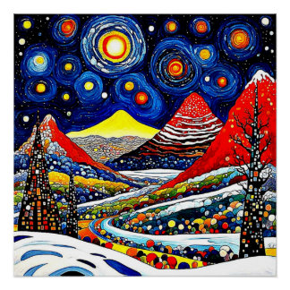 Starry night over winter landscape poster