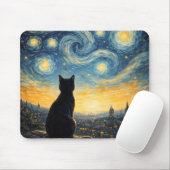 Starry Night Overlook Black Cat & Twinkling Town  Mousepad (Mit Mouse)