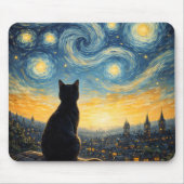 Starry Night Overlook Black Cat & Twinkling Town  Mousepad (Vorne)
