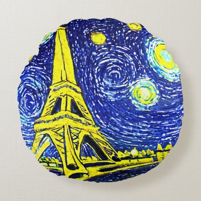 Starry Night Paris Frankreich Rundes Kissen (Vorderseite)