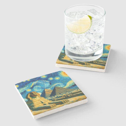 Starry Night Pyramids Sphinx Ägypten Steinuntersetzer (Seitenansicht)