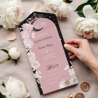 Starry Night Quinceanera Floral Celestial Moon All In One Einladung